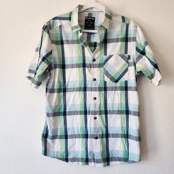 Kavu Green Windowpane Short Sleeve Button-Up Shirt M - Picture 1 of 4